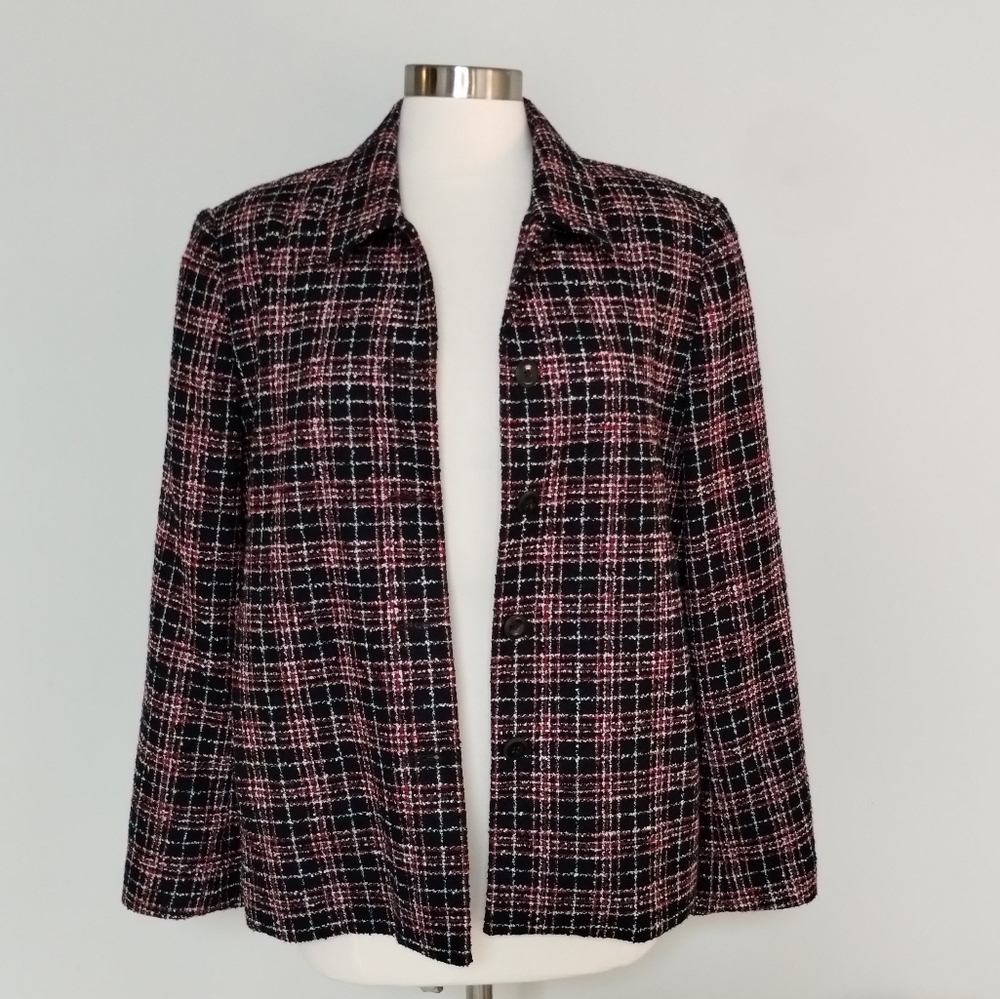 Villager Liz Claiborne Blazer 14 Plaid Weave Jacket Pockets Shacket